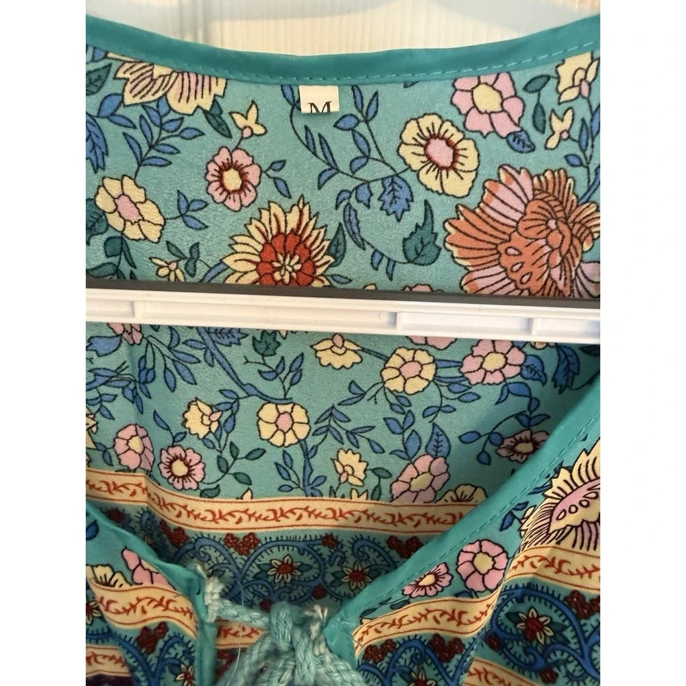 Y2K Blue Floral Tassel Tie Long Sleeve Cottage Bohemian Womens Midi Dress Sz M